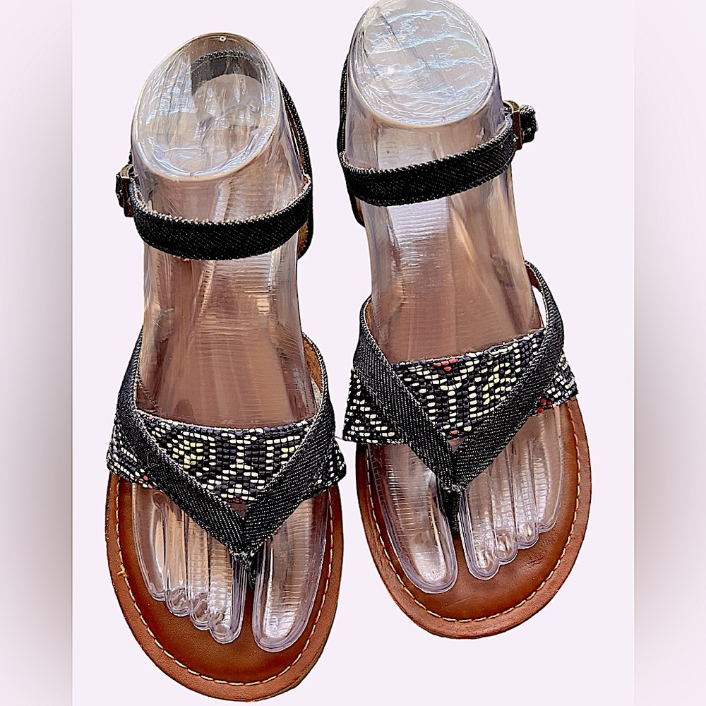 Tom’s sandal ankle straps, jean material w/woven straps subtle pops of color